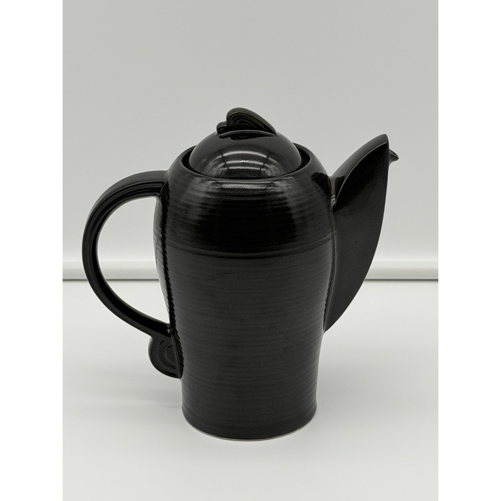 Modernist Black Ribbed Spiral Ceramic Teapot with Winged Spout and Scroll Handle